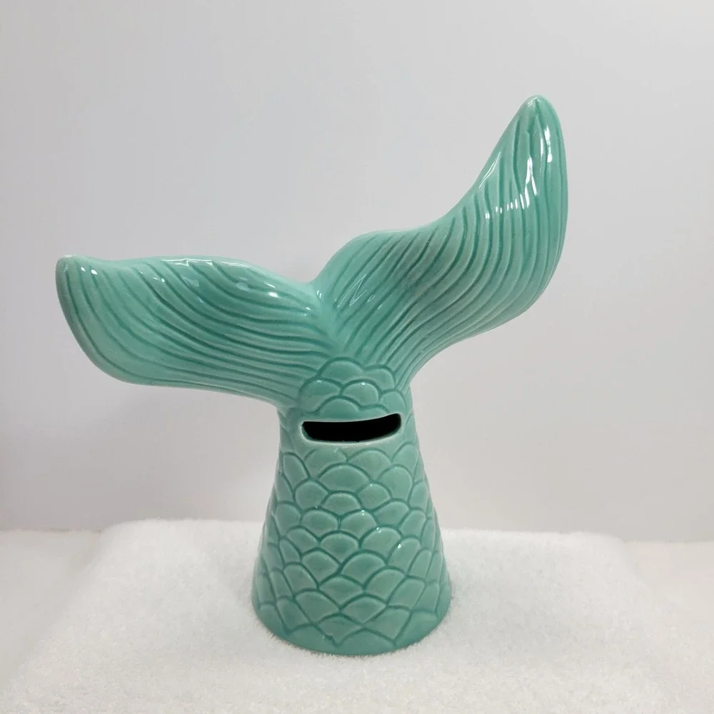 MERMAID Aqua Blue Pearlized Ceramic Mermaid Tail Coin Bank Girls Room Ocean